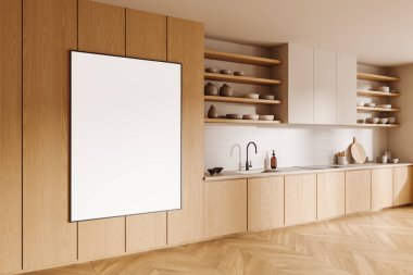 Ahşap ev mutfağının köşesi iç mutfak dolabı, ahşap zemin. Lavabo, soba ve mutfak gereçleri tezgahta, raflarda bulaşıklar. Tuvalin posterini hazırla. 3B görüntüleme