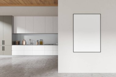 Dolap, lavabo ve mutfak gereçleri olan minimalist bir mutfak. Beton zeminde modern gri ve beyaz. Duvar bölmesindeki tuval posteri. 3B görüntüleme