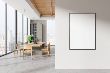 Ahşap masa, sandalyeler, dolaplar ve döşeme bitkileri olan şık bir ev oturma odası. Singapur 'da panoramik pencereli bir yer. Bölümdeki tuval posterini taklit et. 3B görüntüleme