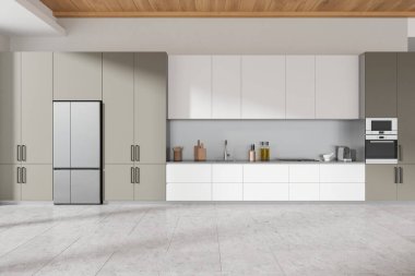 Dolap ve buzdolabı olan hafif bir ev mutfağı. Lavabo, soba, mutfak gereçleri, beton döşeme. Modern dairede büyük bir aşçılık alanı. 3B görüntüleme