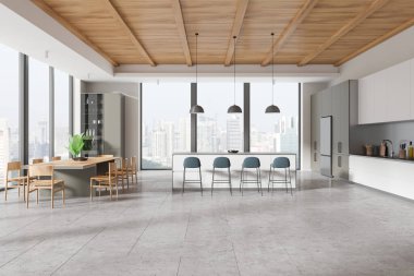 Modern ev mutfağı bar adası, sandalyeler, buzdolabı ve dolabı olan beyaz ve ahşap yemek dolabı. Singapur gökdelenlerinin panoramik penceresi. 3B görüntüleme