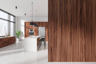 Koyu ahşap mutfak iç mekan bar adası ve sandalyeler mutfak gereçleri ve buzdolabı dolu yemek dolabı. Singapur gökdelenlerinin panoramik penceresi. Boş kopya uzay duvarı bölümü. 3B görüntüleme