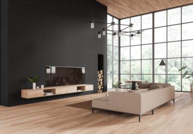 Geniş pencereli modern oturma odası, minimalist iç mekan, ahşap zemin ve tropikal manzara, aydınlık ortam, ev tasarımı konsepti. 3B Hazırlama