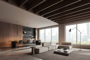 Lüks ev oturma odası manzarası kanepe, dekorasyonlu kahve masası. Sandalyeli ve raflı yemek masası. Bangkok gökdelenlerinin panoramik penceresi. 3B görüntüleme