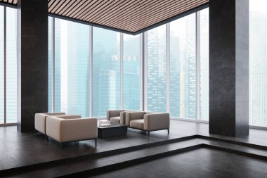 Lobi iç koltukları, kahve masası, kaide ve beton döşeme manzarası. Bekleme salonu, Singapur 'daki sütunlar ve panoramik pencere. 3B görüntüleme