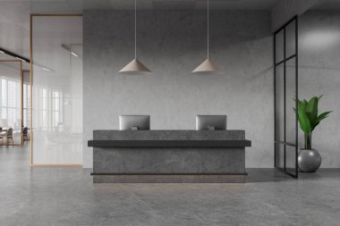 Resepsiyonlu şık bir iç mekan, masa başında bilgisayar olan bir çalışma alanı. Bangkok gökdelenlerinin panoramik penceresiyle birlikte çalışma alanı. 3B görüntüleme