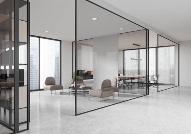 Ofis içi manzarası koltuk, sehpa, beton zemin. Bardak eşleştirme yeri ve dokümanlarla dolu raf. Singapur gökdelenlerinin panoramik penceresi. 3B görüntüleme