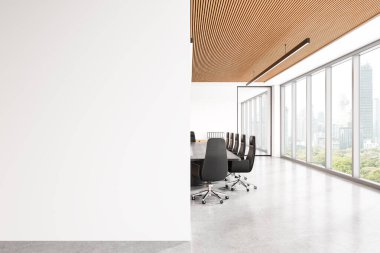 İçişleri, yönetim kurulu ve koltuklar, dokümanlarla dolu çekmece. Bangkok gökdelenlerinde panoramik pencereli iş konferansı alanı. Boş duvar bölmesini düzenle. 3B görüntüleme