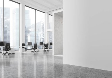 Geniş açık ofis alanı, modern masa ve sandalyeler, şehir manzarasına bakan geniş pencereler, minimalist beyaz ve gri iç mekan kavramı. 3B Hazırlama