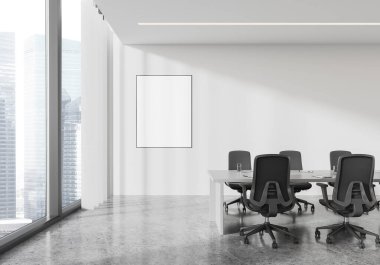 Modern ofis içi. Beyaz bir duvarda boş bir poster var. Arka planda şehir manzaralı, çalışma alanı tasarımı kavramı olan büyük bir pencerenin yanında. 3B Hazırlama