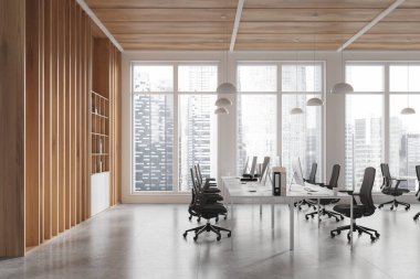 Sıraya dizilmiş koltuklar ve bilgisayarlarla birlikte açık alan eşgüdümlü döşemesi, beton döşeme. Singapur gökdelenlerinde raflı ve panoramik pencereli iş yeri. 3B görüntüleme