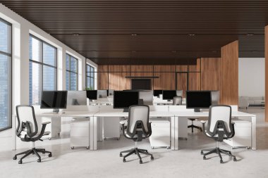 Ofisin çalışma alanı bilgisayarları sıralarda sandalyeler, televizyon ekranlı cam konferans odası ve dinlenme yeri. Singapur gökdelenlerinin panoramik penceresi. 3B görüntüleme