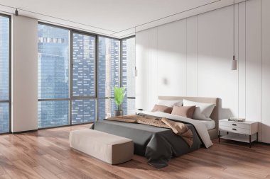 Ev yatak odası manzarası yatak odası, bank ve süslemeli komodin, ahşap zeminde bitki. Singapur gökdelenlerinin panoramik penceresi. 3B görüntüleme