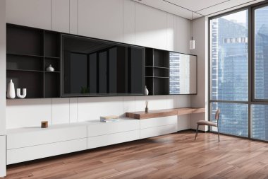 Yatak odası manzarası, güzellik masası, televizyon ekranı ve minimalist dekorasyonlu büfe. Singapur gökdelenlerinin panoramik penceresinin yanındaki ahşap zeminde sandalye. 3B görüntüleme