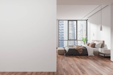 Yatak odası, yatak odası, bank, süslemeli komodin, ahşap döşeme. Gökdelenlerde bitki ve panoramik pencereli bir uyku odası. Boş duvar bölmesini düzenle. 3B görüntüleme