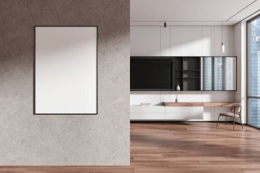 Oturma odasının içinde televizyon ve büfe, işyeri ya da sandalyeli güzellik masası var. Singapur gökdelenlerinin panoramik penceresi. Bölümde boş tuval var. 3B görüntüleme