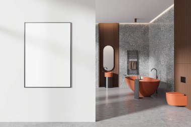 Modern banyo, çift lavabo, turuncu tuvalet ve küvet. Havlu korkuluğu ile renkli banyo alanı. Duvar bölmesindeki tuval posterini taklit et. 3B görüntüleme
