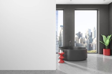Şık bir banyo, banyo küveti, yan masa, gri beton zemin. New York gökdelenlerinin panoramik penceresi. Model boş duvar bölmesi. 3B görüntüleme