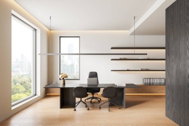 Şık bir masası, sandalyeleri ve rafları olan modern bir ofis, ışık dekoru, büyük pencerelerden şehir manzarası, minimalist tarzı, parlak iç tasarımı. 3B Hazırlama