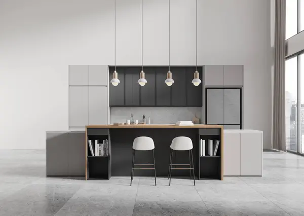 Minimalist home kitchen interior with bar island and chairs, cooking cabinet with fridge and kitchenware. Panoramic window on city skyscrapers. 3D rendering