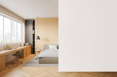 Çalışma alanı olan modern bir iç oda, ahşap elementler ve büyük pencereler, minimalist tasarım, parlak gün ışığı arka planı, ev tasarımı kavramı. 3B Hazırlama