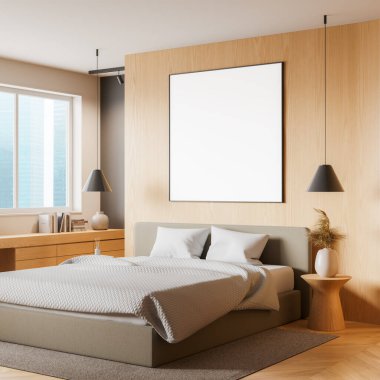 Tarafsız renklere sahip modern yatak odası, ahşap duvarlar ve geniş pencereler, minimalist tarzda. Hafif ve rahat ev tasarımı. 3B Hazırlama