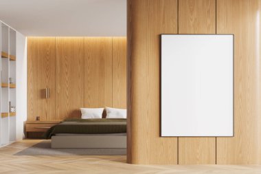 Yatak odası, yatak odası, komodin, kitap ve dekorasyonla dolu raf, ahşap döşeme halısı. Ahşap duvar bölümündeki boş tuval posterini taklit et. 3B görüntüleme