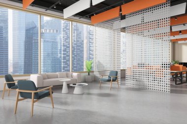 Renkli ofis manzarası rahat ve ortak çalışma yeri, kanepe ve oda ayırıcılı koltuklar. Singapur gökdelenlerinin panoramik penceresi. 3B görüntüleme