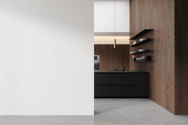 Modern mutfak iç mimarisi koyu renk kabin, açık gri zemin ve tahta panel arka duvarı, minimalist stil, beyaz ve ahşap arka plan, ev tasarımı konsepti. 3B Hazırlama