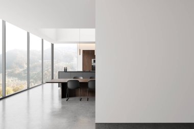 Yemek masası, sandalyeler, bar adası ve yemek dolabı olan şık bir ev mutfağı. Modern apartmanın kırsal kesimindeki panoramik pencere. Boş duvar bölmesini düzenle. 3B görüntüleme