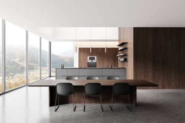 Karanlık ahşap mutfak masası, sandalyeler, bar adası ve bulaşıklı raflar. Modern dairede panoramik pencereli yemek dolabı. 3B görüntüleme