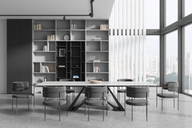 Yemek masası ve sandalyeli, kitaplarla ve dekorasyonla dolu modern ev içi oturma odası. Singapur gökdelenlerinde oda ayırıcı ve panoramik pencere. 3B görüntüleme