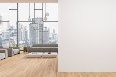 Beyaz ev oturma odasının içi kanepe ve koltuklarla kaplı, yerleri ahşap kaplamalı kahve masası. Bangkok gökdelenli panoramik pencere. Boş duvar bölmesini düzenle. 3B görüntüleme