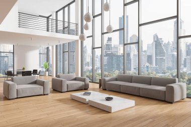 Oturma odasının köşesi. Kanepe, koltuk, ahşap zemin. İki kat, yemek masası ve arka planda sandalyeler. Bangkok gökdelenlerinin panoramik penceresi. 3B görüntüleme