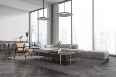 Beyaz ev oturma odası manzarası kanepe, dekorasyonlu kahve masası. Sandalye ve çekmeceli yemek masası. Singapur gökdelenlerinin panoramik penceresi. 3B görüntüleme