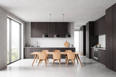 Karanlık ev mutfağı, ahşap yemek masası, sandalyeler, beton zeminde koyu renk yemek dolabı. Bangkok 'ta panoramik pencereli minimalist yemek alanı. 3B görüntüleme