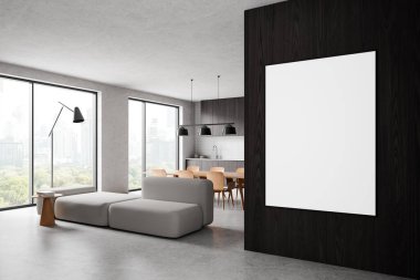 Stüdyonun iç manzarası kanepe ve mutfak gereçleri olan yemek dolabı. Minimalist mobilyaları olan modern bir daire. Gökdelenlerin panoramik penceresi. Boş tuval posteri. 3B görüntüleme