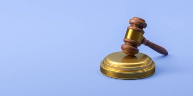 Altın kürsüde tahta tokmak, boş geniş format kopya uzay mavi arkaplan. Adalet, mahkeme, anayasa ya da müzayede kavramı. 3B resimleme