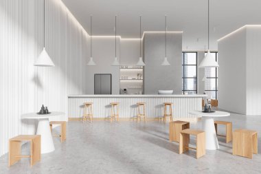 İçi yemek masaları ve sandalyelerle dolu beyaz kahve dükkanı. Rafı, tabağı, kahve makinesi ve buzdolabı olan bir bar. Bangkok gökdelenlerinin panoramik penceresi. 3B görüntüleme