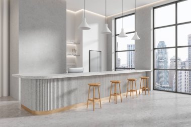 Yüksek tabureli ve beyaz tezgahlı, şehir manzarasına bakan geniş pencereli, çağdaş tasarım kavramına sahip modern, parlak bir kafe. 3B Hazırlama