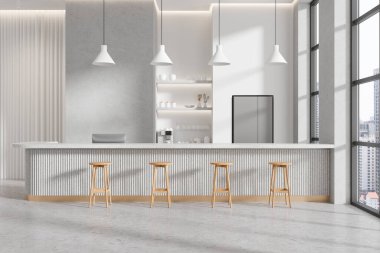 Minimalist mutfağı olan beyaz kafeterya, beton taburesi olan bar adası. Tabaklı raflar, kahve makinesi ve buzdolabı. Bangkok gökdelenlerinin panoramik penceresi. 3B görüntüleme