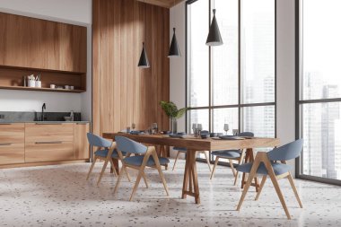 Yemek masası ve sandalyelerle ev mutfağı manzarası. Modern dairede yemek dolabı ve yemek odası. Şehrin gökdelenlerinin panoramik penceresi. 3B görüntüleme