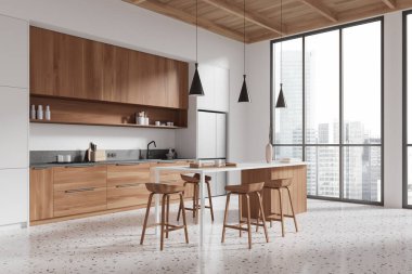 Bar tezgahı ve beton zemin olan ev mutfağının köşesi. Yemek dolabı ve dışkıyla yemek odası. Gökdelenlerin panoramik penceresi. 3B görüntüleme