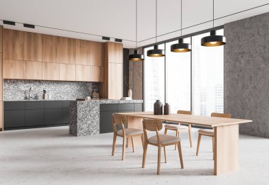 Mutfak manzarası, yemek masası ve bar adası mutfak malzemeleriyle dolu mutfak dolabı. Şehrin gökdelenlerinde panoramik pencereli bir yer. 3B görüntüleme