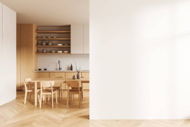 Ahşap mutfak iç kısmı yemek masası ve sandalyelerle dolu. Modern dairede yemek dolabı ve yemek odası. Boş duvar bölmesini düzenle. 3B görüntüleme