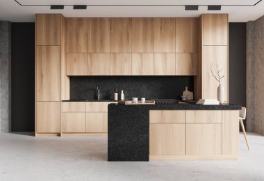 Minimalist bir mutfak tezgahı, beton zeminde mutfak gereçleri olan ahşap bir dolap. Stüdyo dairede dekorasyonlu yemek ve yemek odası. 3B görüntüleme