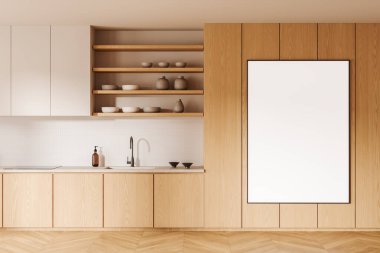 Ahşap ev mutfağı iç mutfak dolabı, ahşap zemin. Lavabo, soba ve mutfak gereçleri tezgahta, raflarda bulaşıklar. Tuvalin posterini hazırla. 3B görüntüleme