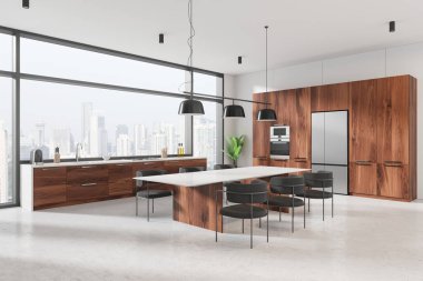 Ahşap dolapları ve yemek masası olan modern mutfak, aydınlık arka plan, pencerelerden görünen şehir silüeti, iç tasarım konsepti. 3B Hazırlama