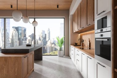 Klasik ev mutfağı bar adası ve raflar, beton zeminde mutfak gereçleri olan yemek dolabı. New York gökdelenlerinin panoramik penceresi. 3B görüntüleme