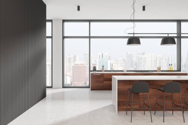 Şık bir ev mutfağı ahşap bar adası, sandalyeler, oda ayırıcı ve mutfak gereçleri olan minimalist yemek dolabı. Singapur gökdelenlerinin panoramik penceresi. 3B görüntüleme